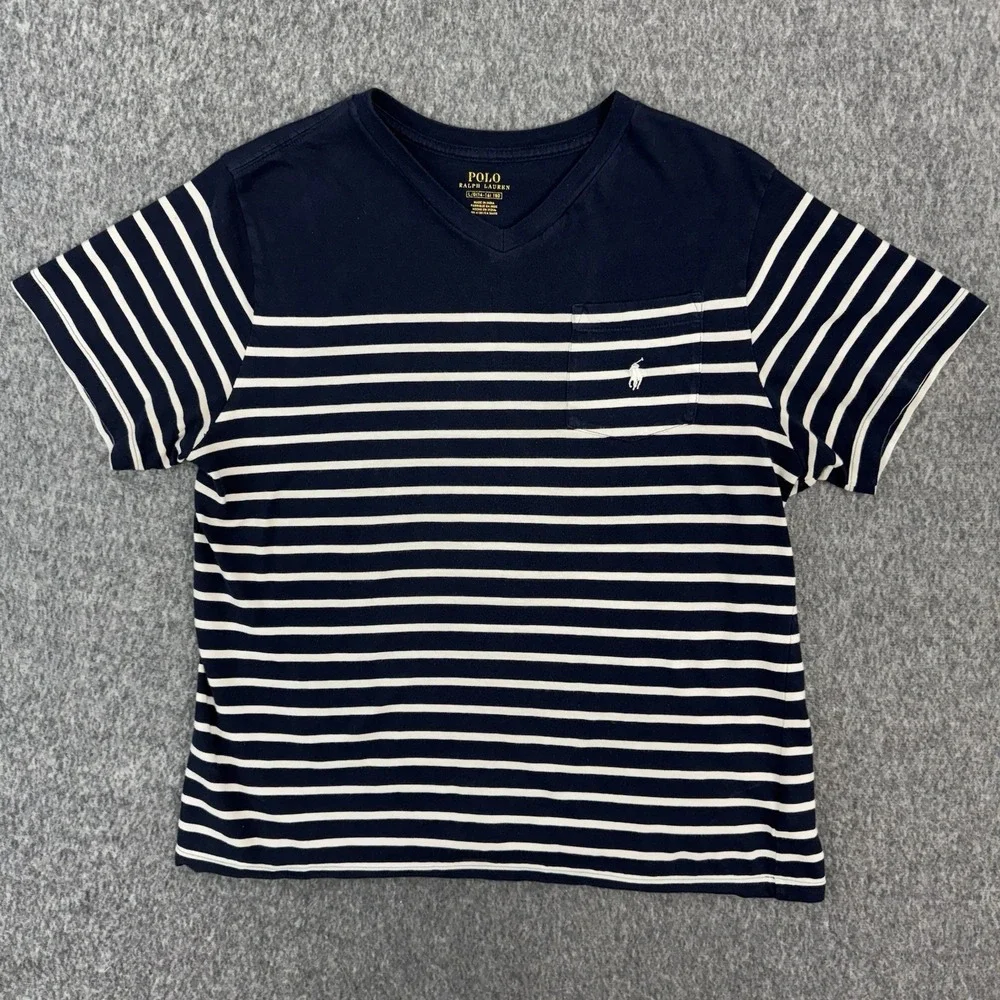 Polo Ralph Lauren Boys Sz L 14-16 Blue White Striped V Neck Short Sleeve T Shirt